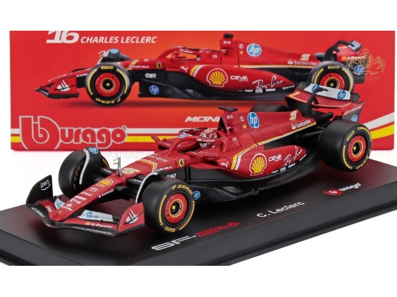 FERRARI - F1 SF-24 TEAM SCUDERIA FERRARI N 16 WINNER MONACO GP 2024 CH. LECLERC WITH PILOT AND SHOWCASE - červená 1:43 - Bburago
