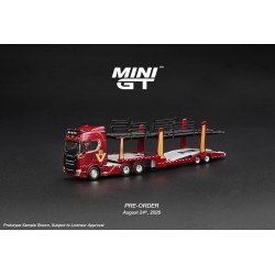 Scania 770S A6x4NA Car Transporter V8 50th anniversary + Car transporter Red -1:64 - Mini GT